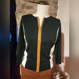 White House Black Market, Small Colorblock Cardigan with Gold Zipper